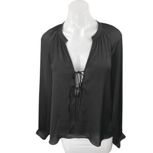 NEW Rose + Olive Black Deep V-Neck Tie Front Long Sleeve Sheer Blouse Top Size M